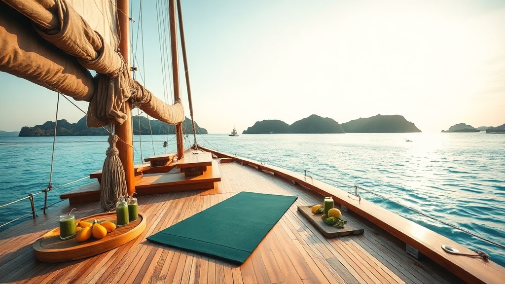 Phinisi wellness charter yacht at anchor in Komodo National Park with yoga deck at golden hour